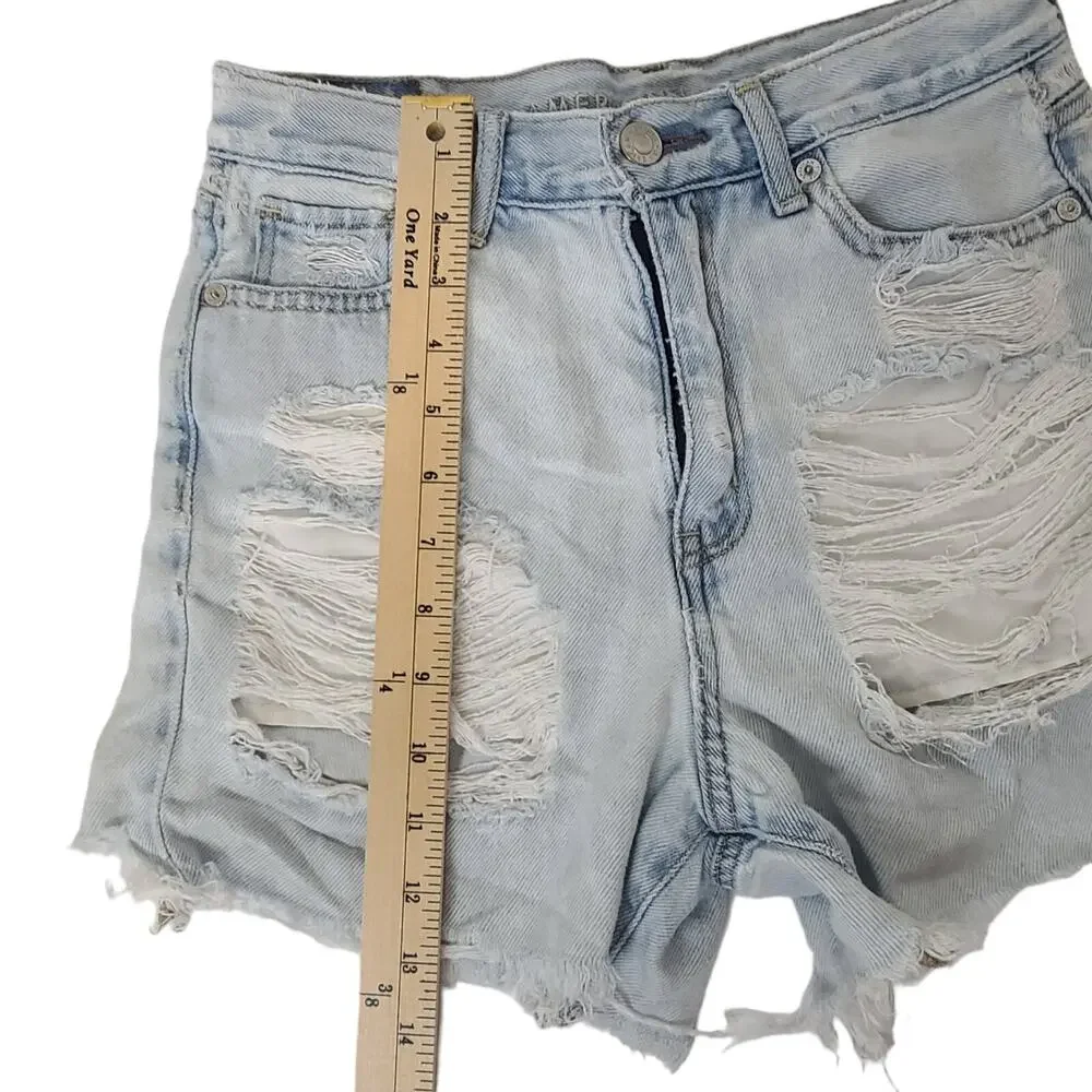 American Eagle Jean Shorts Women SZ 0 Mom Denim Blue Distressed Cut Off Festival